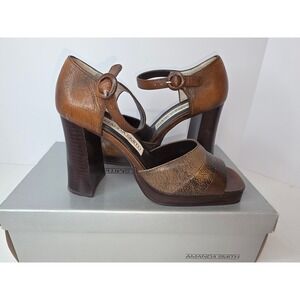 Amanda Smith Wynne Brown Leather Platform Sandals Block Heel Square Toe 7M
374